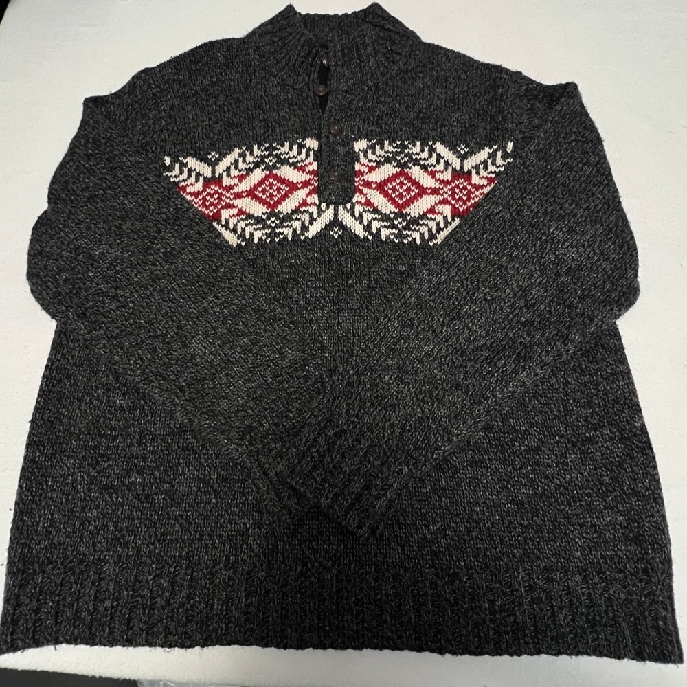 IZOD Sweater Men XL Gray Fair Isle Quarter Button Wool Blend Pullover Nordic